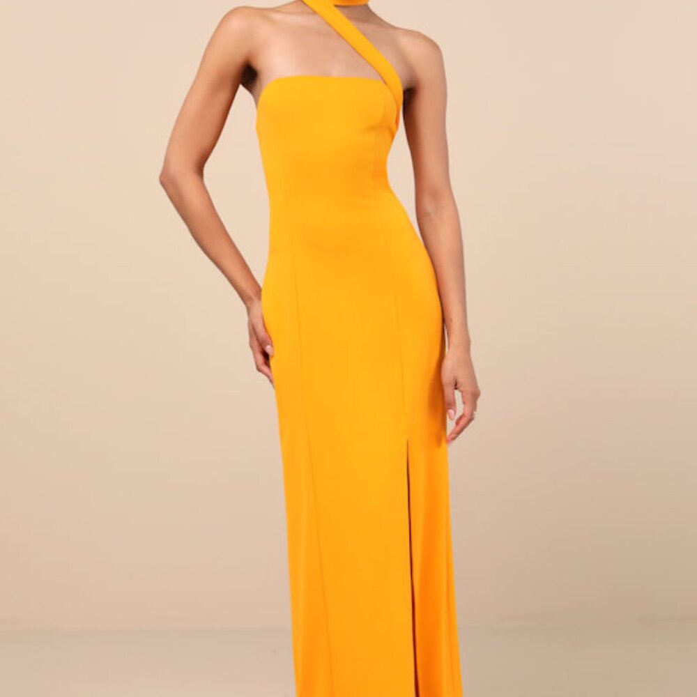 Lulus Seraphina Golden Yellow Asymmetrical Column Maxi Dress